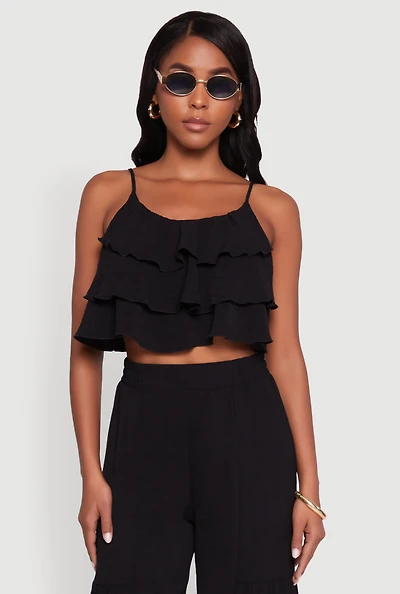 Womens Chic Crepe Knit Tiered Ruffle Cami with Cropped Hem, Black, Size L