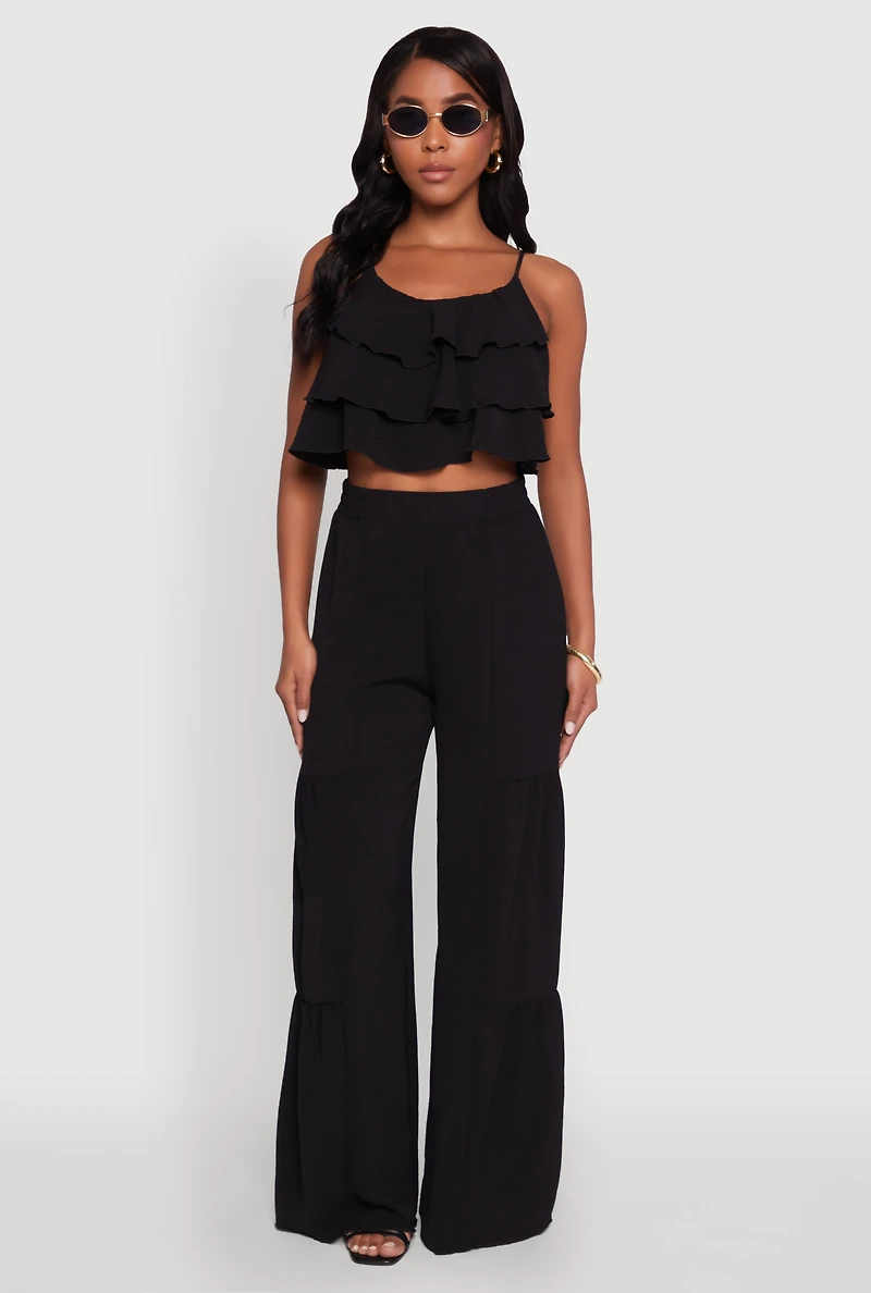 Womens Chic Crepe Knit Tiered Ruffle Cami with Cropped Hem, Black, Size L