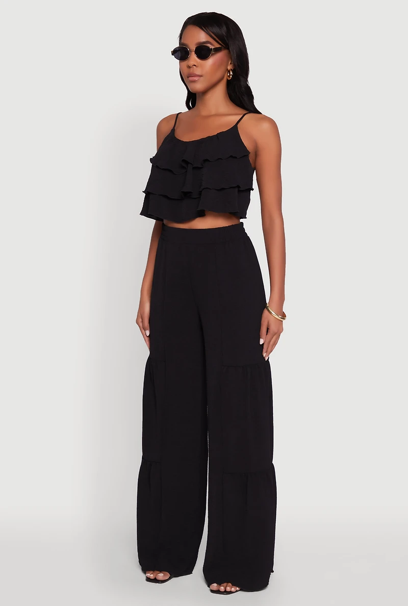 Womens Chic Crepe Knit Tiered Ruffle Cami with Cropped Hem, Black, Size L