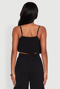 Womens Chic Crepe Knit Tiered Ruffle Cami with Cropped Hem, Black, Size L