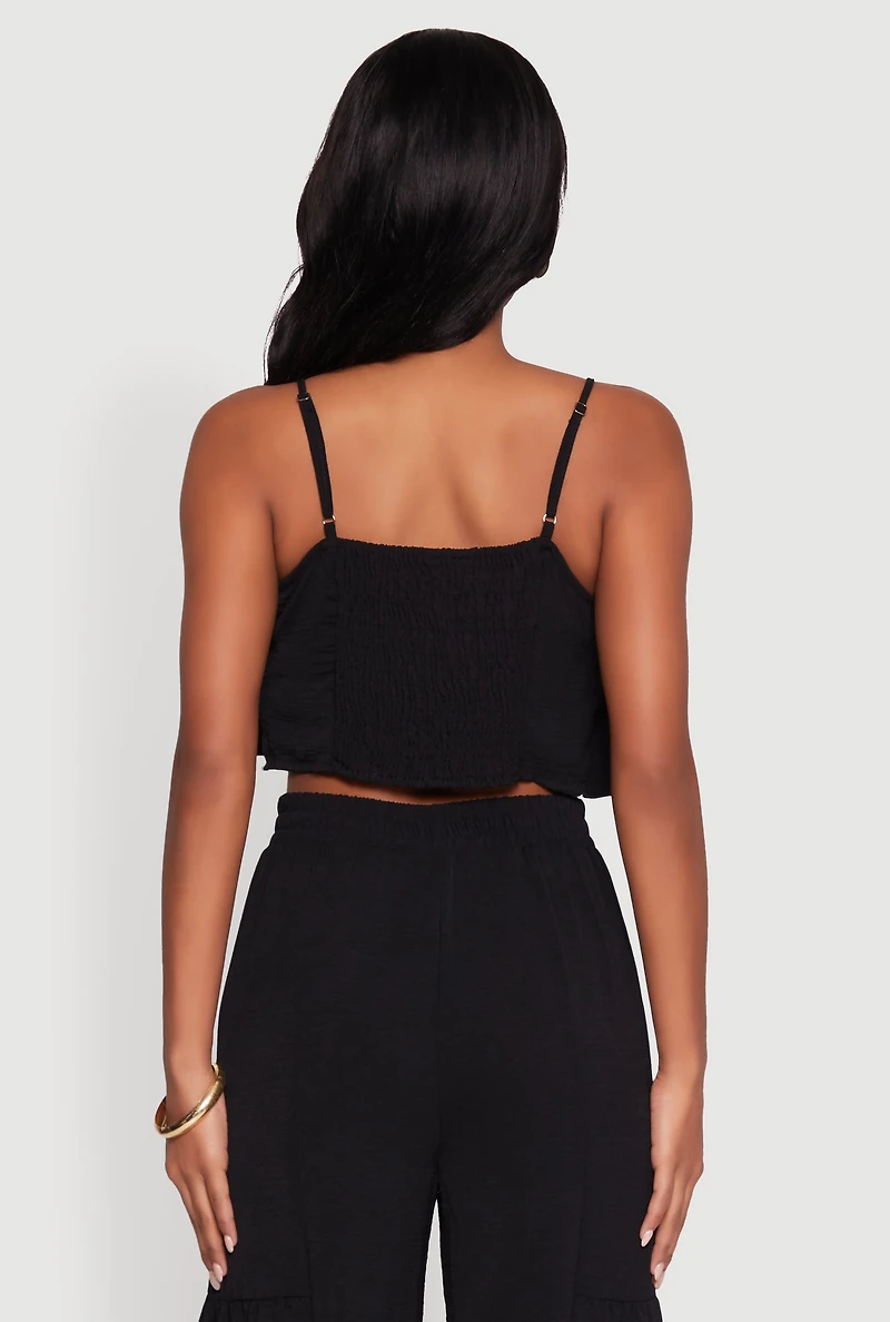 Womens Chic Crepe Knit Tiered Ruffle Cami with Cropped Hem,