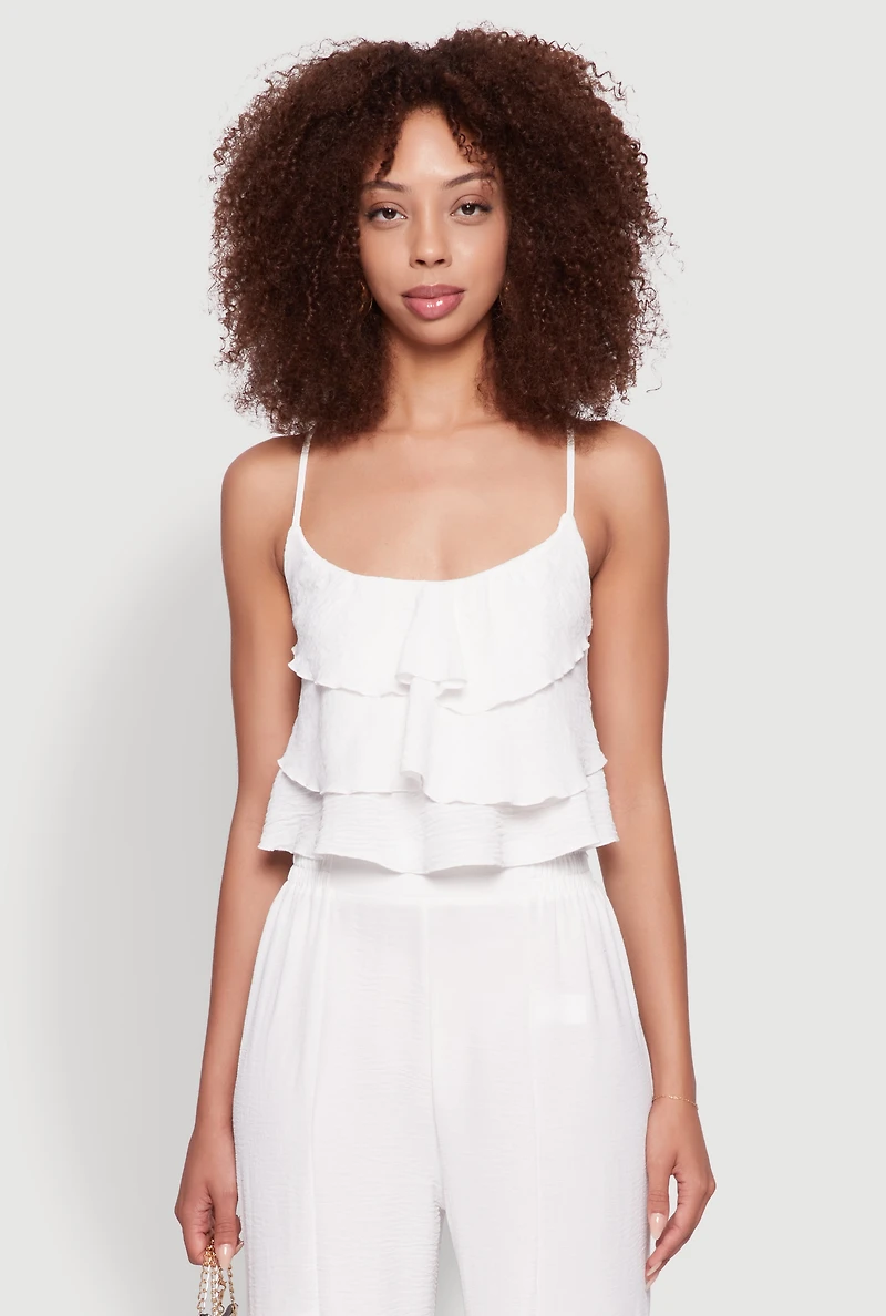 Womens Chic Crepe Knit Tiered Ruffle Cami with Cropped Hem, White,