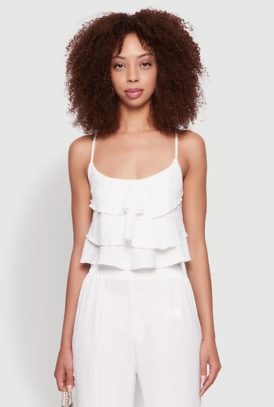 Womens Chic Crepe Knit Tiered Ruffle Cami with Cropped Hem, White,