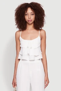 Womens Chic Crepe Knit Tiered Ruffle Cami with Cropped Hem, White,