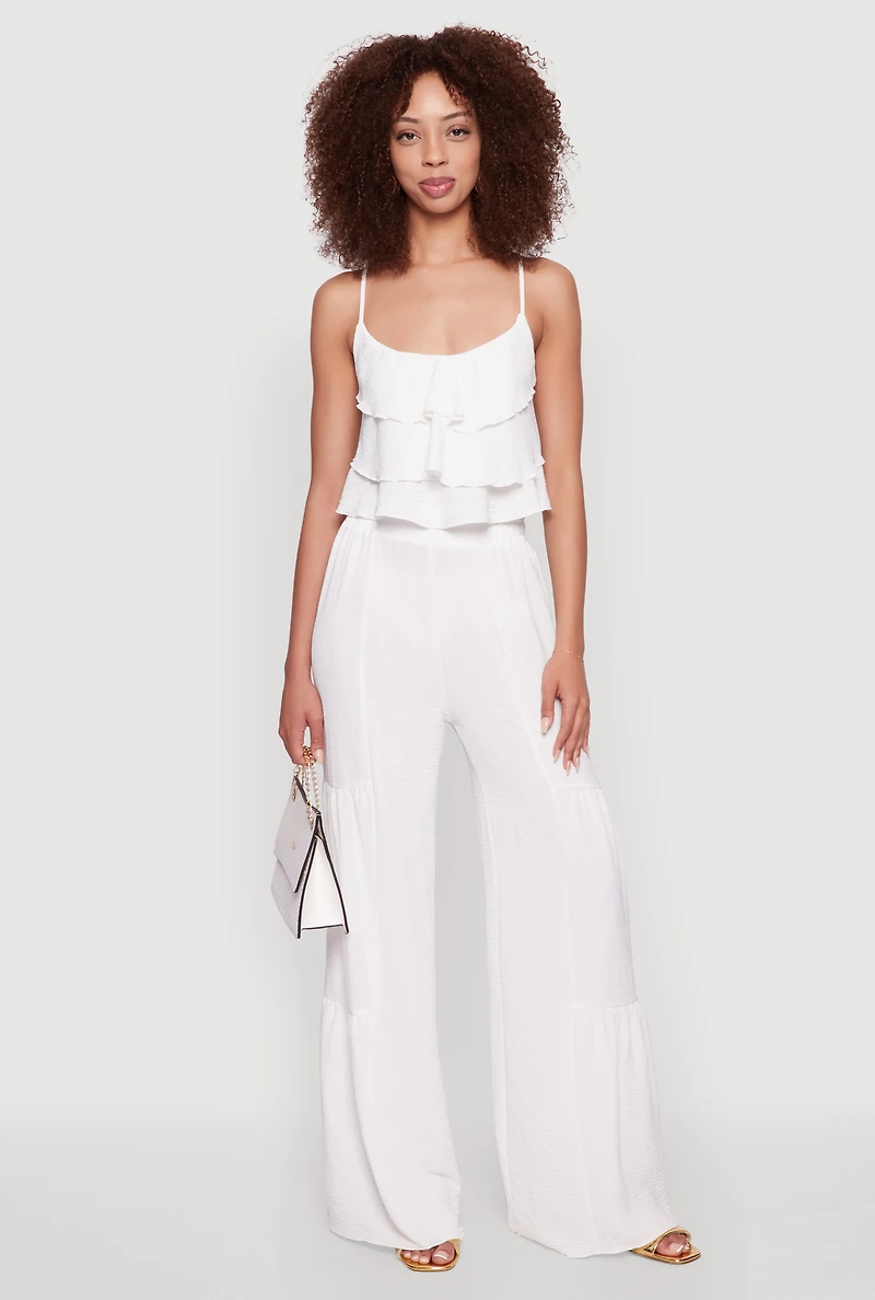 Womens Chic Crepe Knit Tiered Ruffle Cami with Cropped Hem, White,