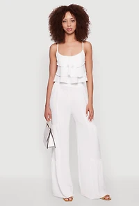 Womens Chic Crepe Knit Tiered Ruffle Cami with Cropped Hem, White,