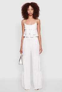 Womens Chic Crepe Knit Tiered Ruffle Cami with Cropped Hem, White, Size L