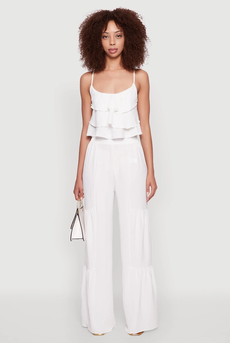 Womens Chic Crepe Knit Tiered Ruffle Cami with Cropped Hem, White,