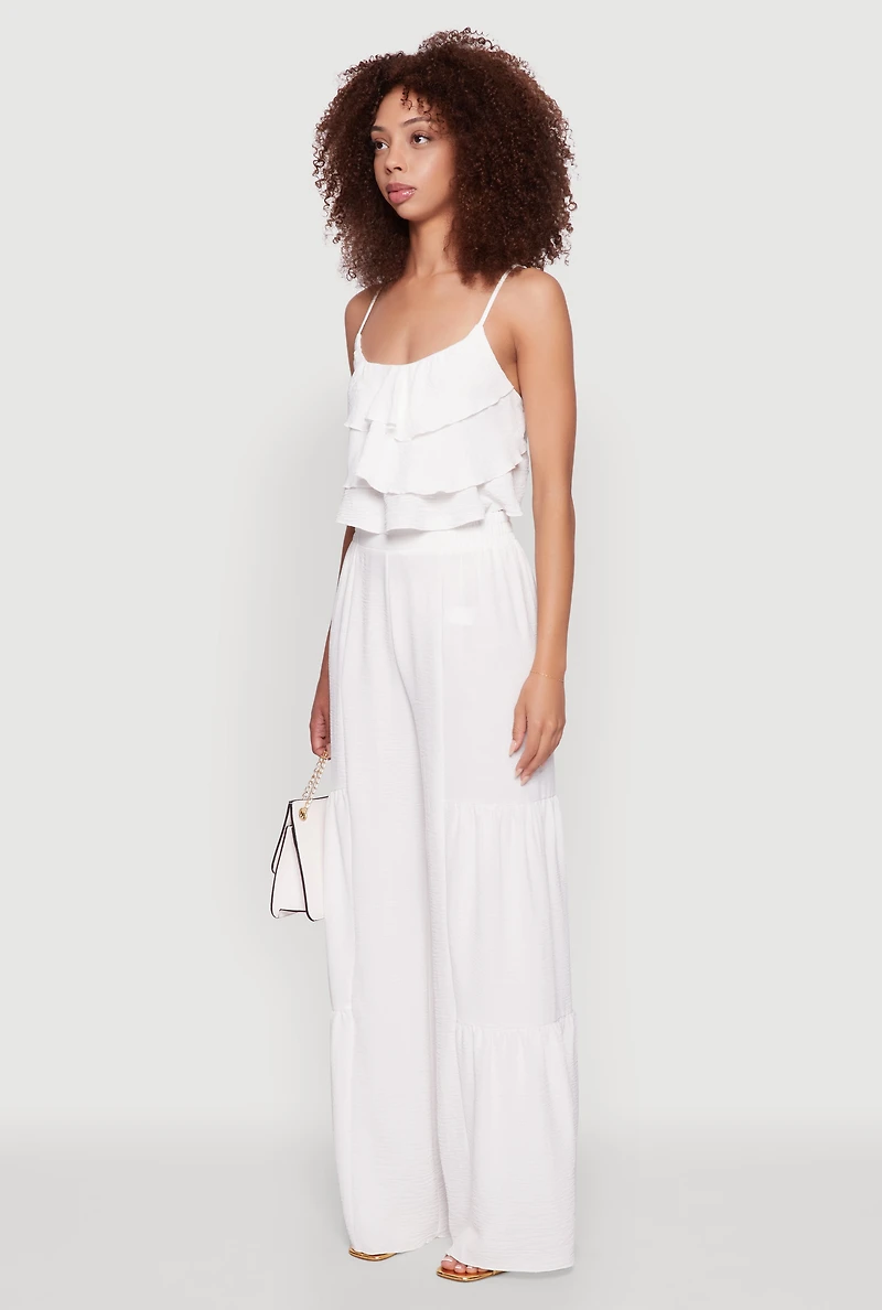 Womens Chic Crepe Knit Tiered Ruffle Cami with Cropped Hem, White,