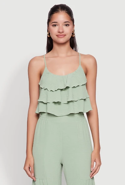 Womens Chic Crepe Knit Tiered Ruffle Cami with Cropped Hem, Green, Size M