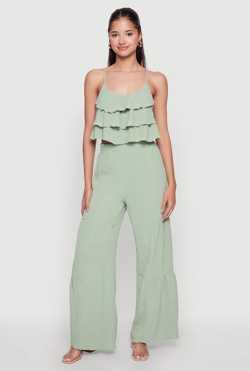 Womens Chic Crepe Knit Tiered Ruffle Cami with Cropped Hem, Green, Size M