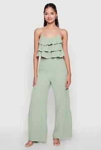 Womens Chic Crepe Knit Tiered Ruffle Cami with Cropped Hem, Green, Size M