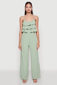 Womens Chic Crepe Knit Tiered Ruffle Cami with Cropped Hem, Green, Size M