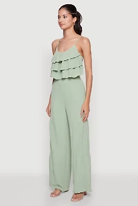 Womens Chic Crepe Knit Tiered Ruffle Cami with Cropped Hem, Green, Size M