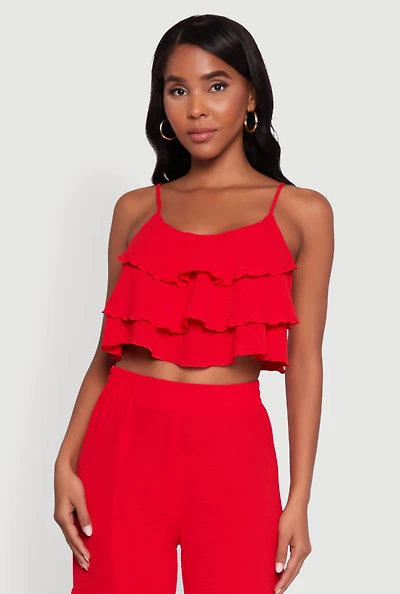 Womens Chic Crepe Knit Tiered Ruffle Cami with Cropped Hem, Red, Size S