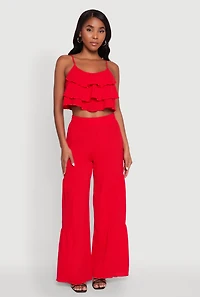 Womens Chic Crepe Knit Tiered Ruffle Cami with Cropped Hem, Red, Size S
