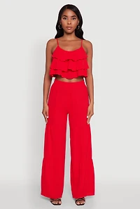 Womens Chic Crepe Knit Tiered Ruffle Cami with Cropped Hem, Red, Size M