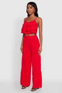 Womens Chic Crepe Knit Tiered Ruffle Cami with Cropped Hem, Red, Size S