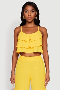 Womens Chic Crepe Knit Tiered Ruffle Cami with Cropped Hem, Yellow, Size XL