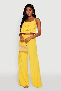 Womens Chic Crepe Knit Tiered Ruffle Cami with Cropped Hem, Yellow, Size XL