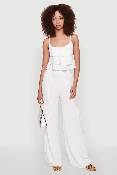Womens Elegant Tiered High Waisted Wide Leg Dress Pants, White, Size M