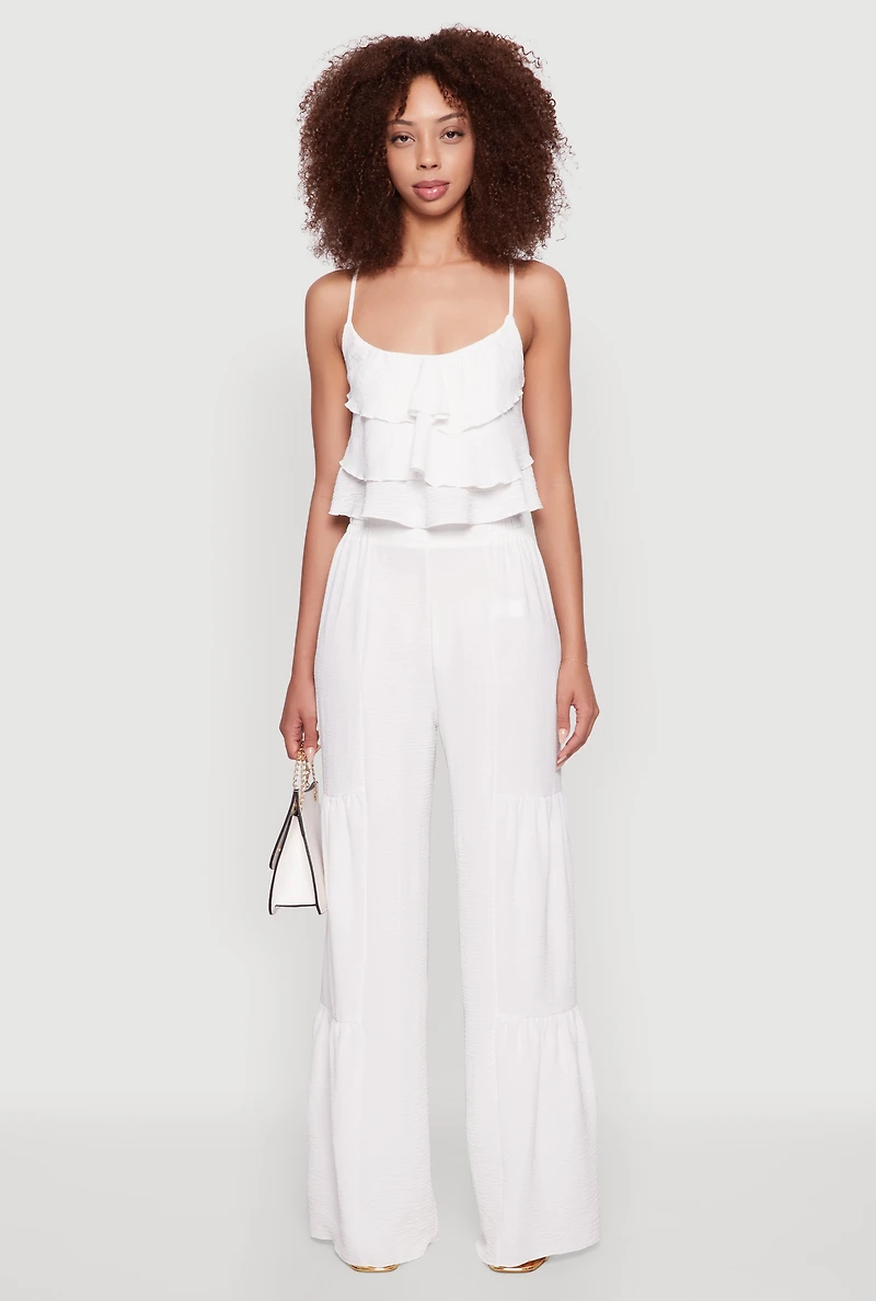 Womens Elegant Tiered High Waisted Wide Leg Dress Pants, White,