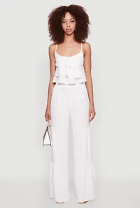 Womens Elegant Tiered High Waisted Wide Leg Dress Pants, White,