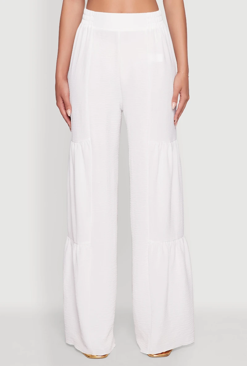 Womens Elegant Tiered High Waisted Wide Leg Dress Pants, White,