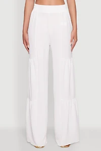 Womens Elegant Tiered High Waisted Wide Leg Dress Pants, White,