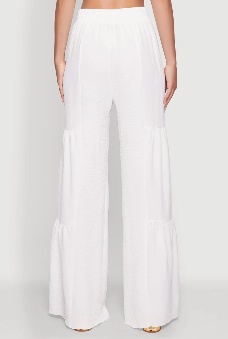 Womens Elegant Tiered High Waisted Wide Leg Dress Pants, White,