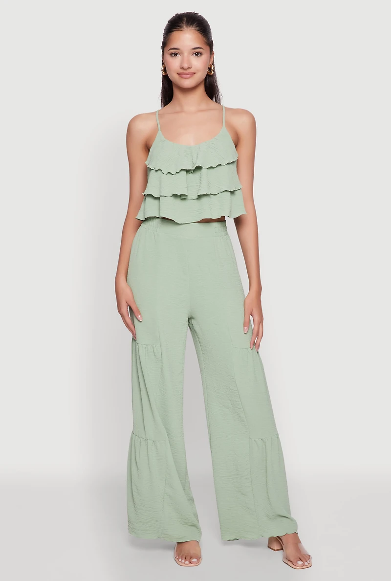 Womens Elegant Tiered High Waisted Wide Leg Dress Pants, S