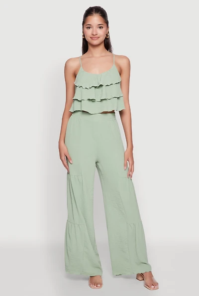 Womens Elegant Tiered High Waisted Wide Leg Dress Pants, S
