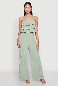 Womens Elegant Tiered High Waisted Wide Leg Dress Pants, S