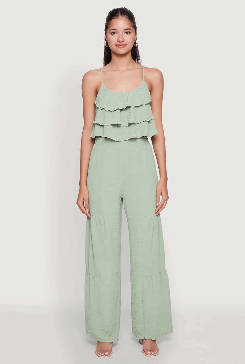 Womens Elegant Tiered High Waisted Wide Leg Dress Pants, Green, Size M
