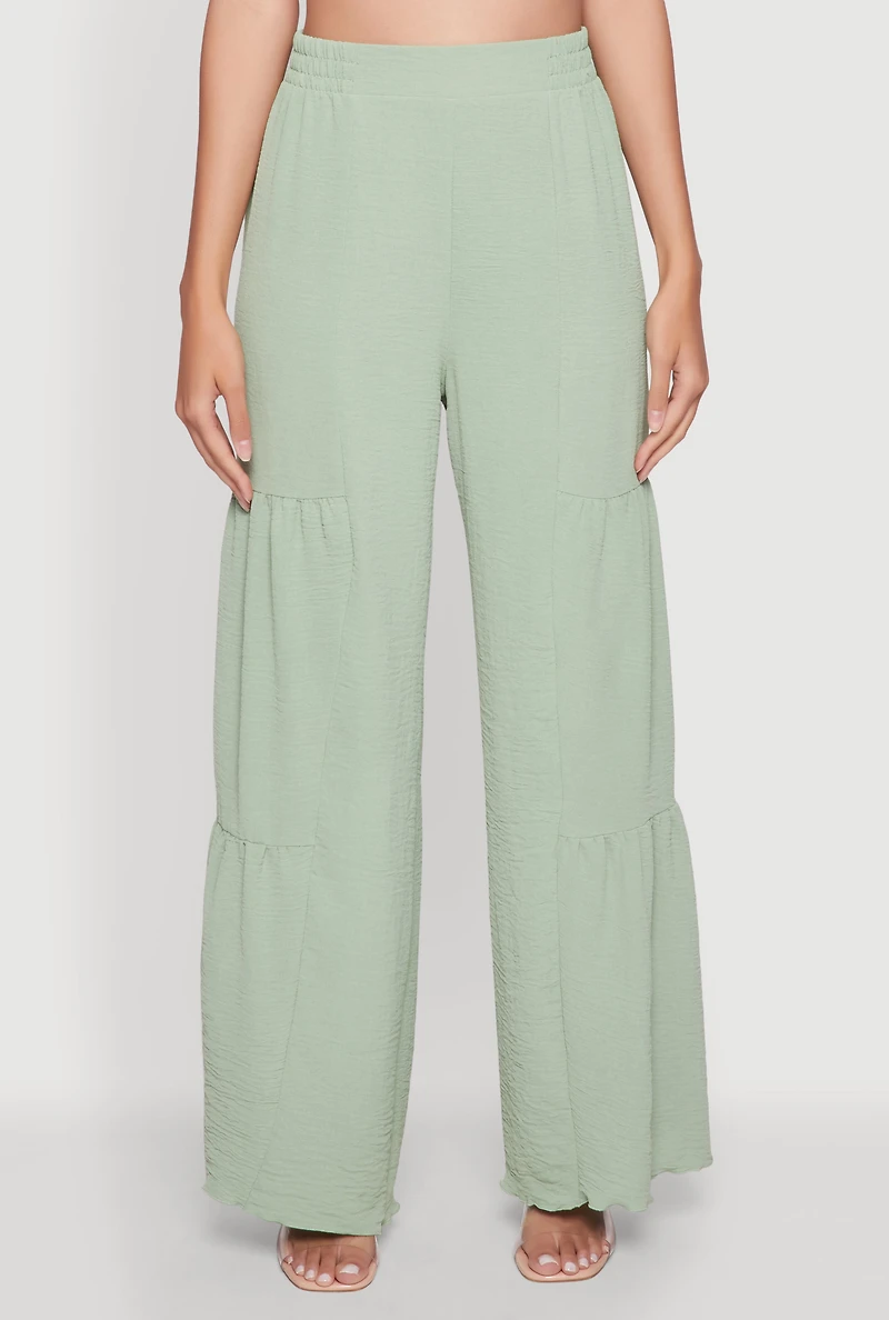 Womens Elegant Tiered High Waisted Wide Leg Dress Pants, Green, Size M