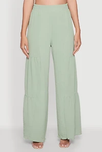 Womens Elegant Tiered High Waisted Wide Leg Dress Pants, Green, Size M
