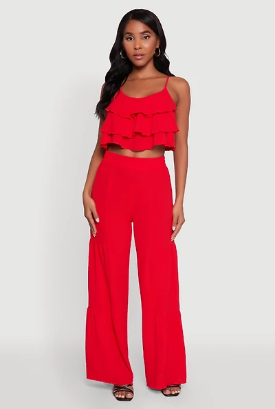 Womens Elegant Tiered High Waisted Wide Leg Dress Pants,