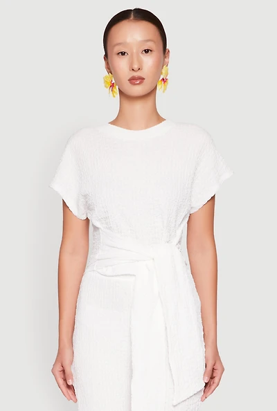 Womens Tie Front Textured Knit Top, White, Size M