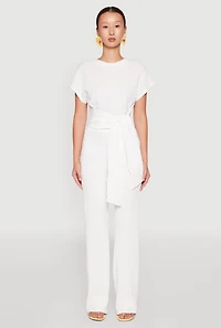 Womens Tie Front Textured Knit Top, White, Size M