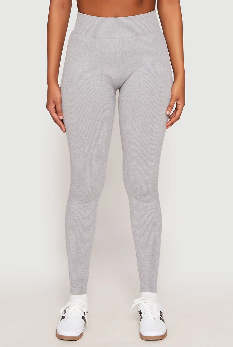 Womens Seamless High Waisted Rib Knit Leggings, Grey, Size M-L