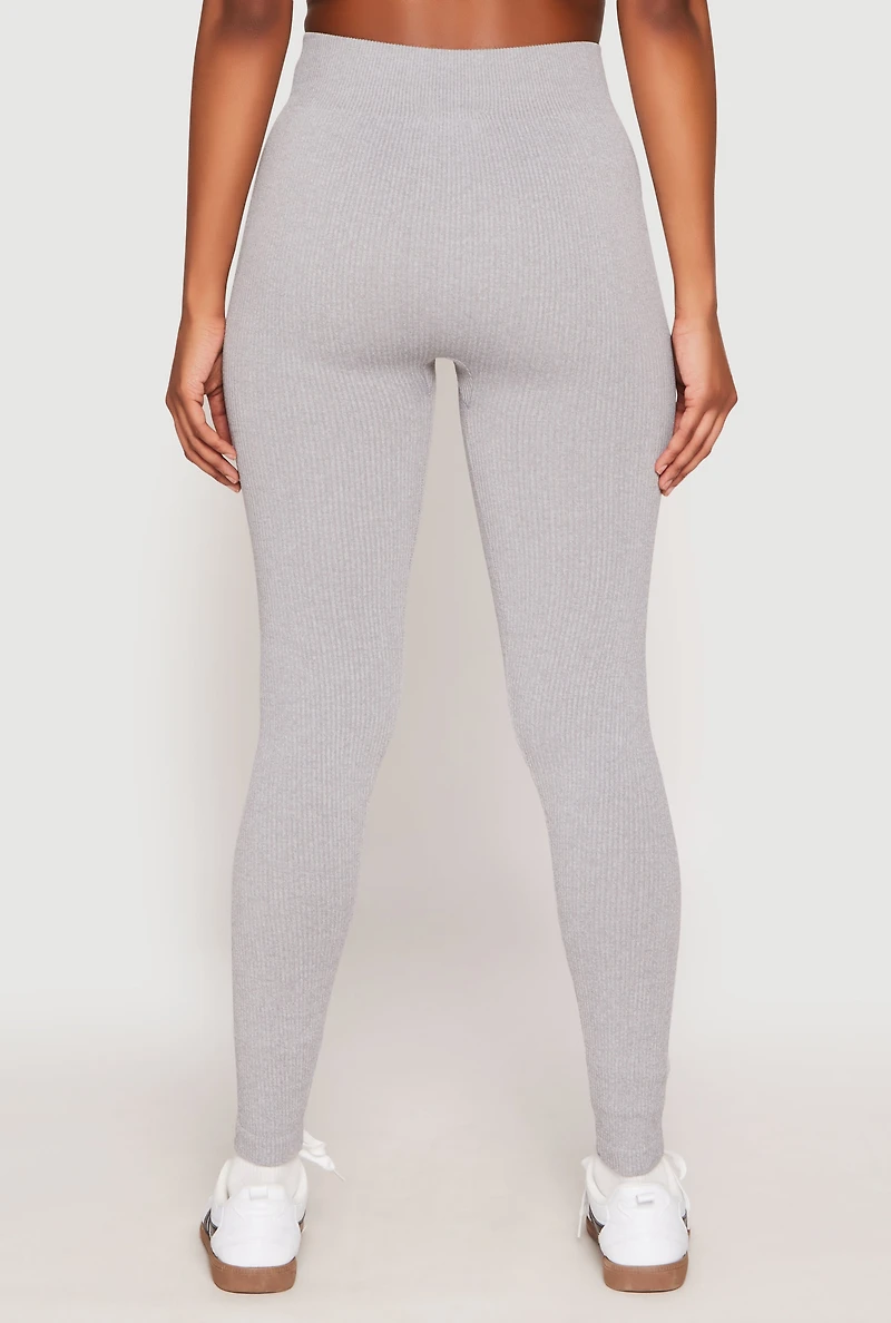 Womens Seamless High Waisted Rib Knit Leggings, Grey, Size M-L