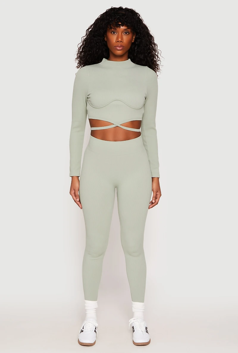 Womens Seamless High Waisted Rib Knit Leggings, Green, Size S-M