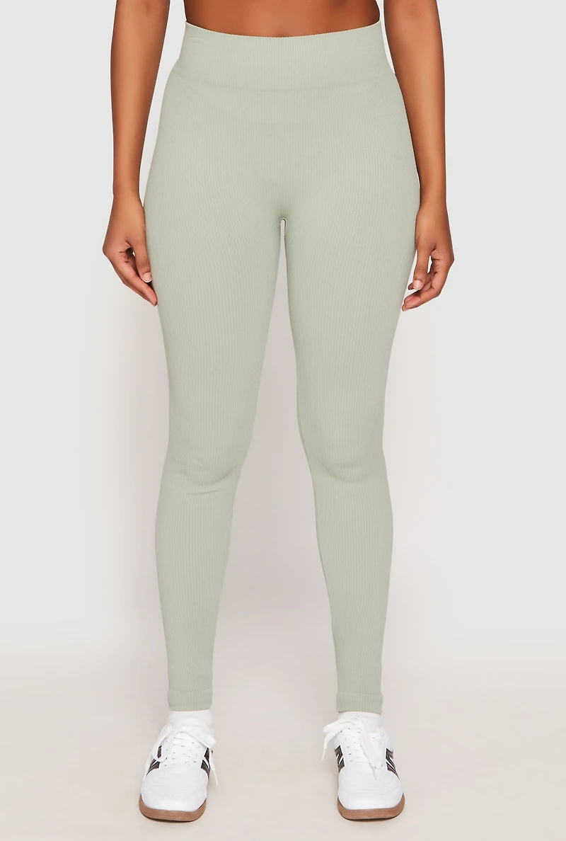 Womens Seamless High Waisted Rib Knit Leggings, Green, Size S-M