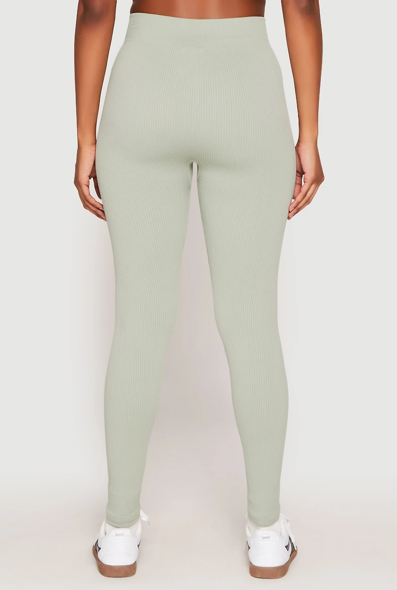 Womens Seamless High Waisted Rib Knit Leggings, Green, Size S-M