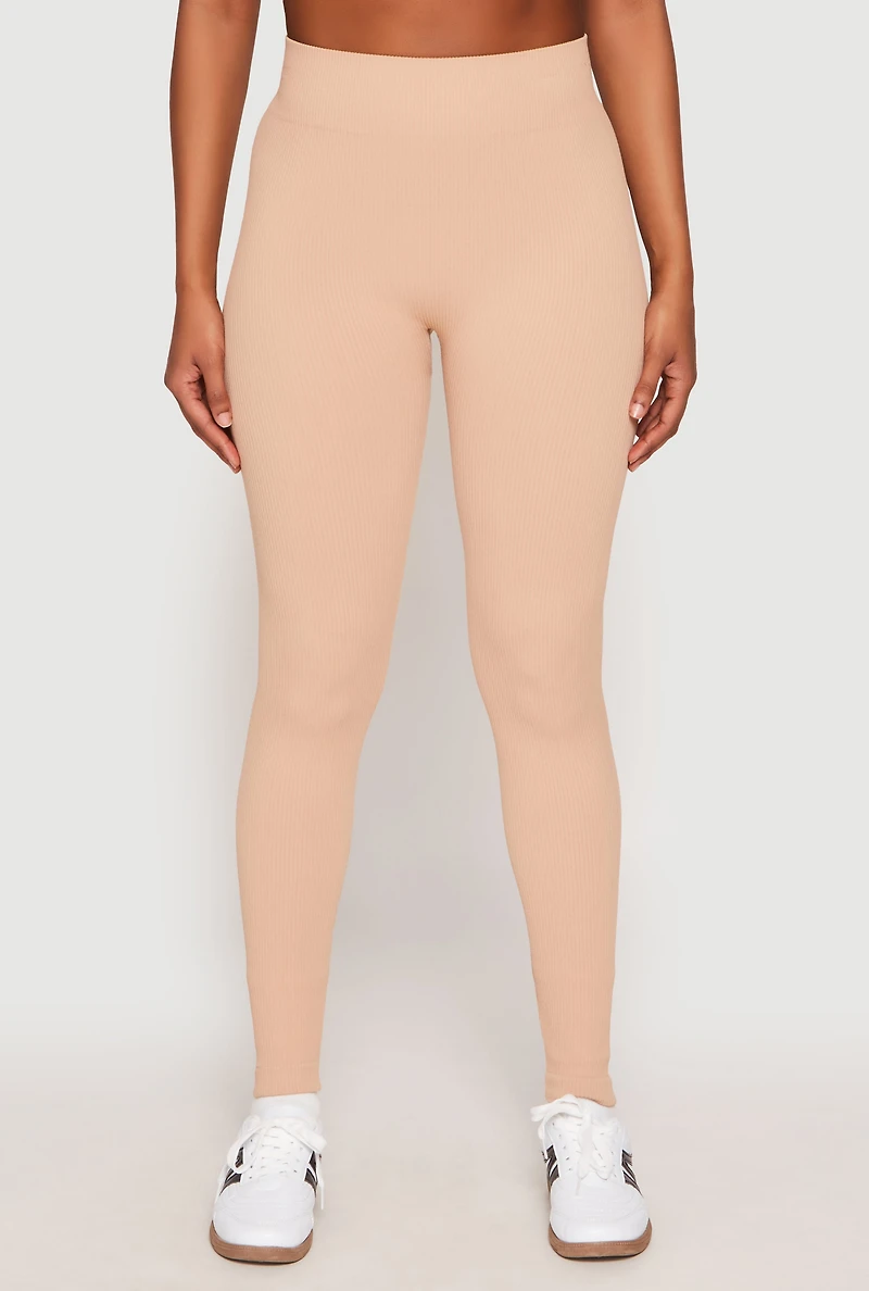 Womens Seamless High Waisted Rib Knit Leggings, Khaki, Size M-L