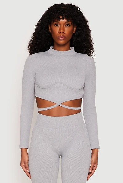 Womens Seamless Long Sleeve Tie Back Crop Top, Grey, Size S-M