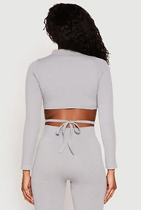 Womens Seamless Long Sleeve Tie Back Crop Top, Grey, Size S-M