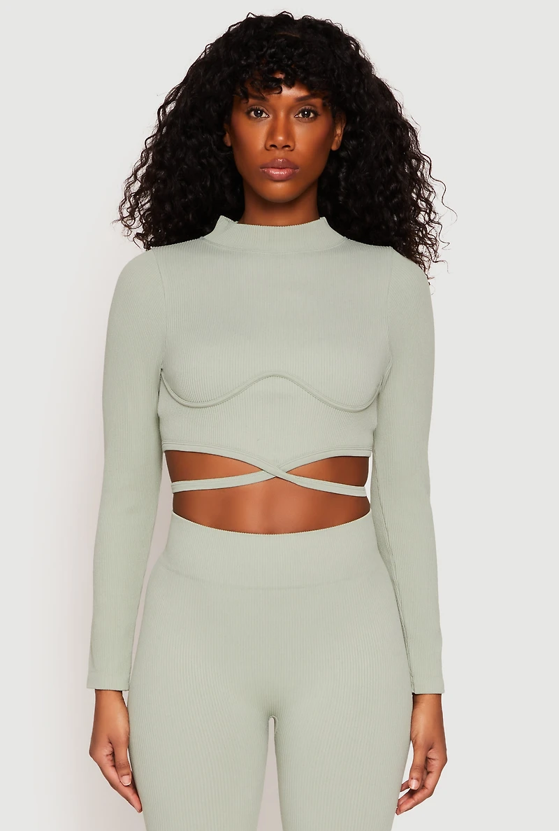 Womens Seamless Long Sleeve Tie Back Crop Top, Green, Size M-L