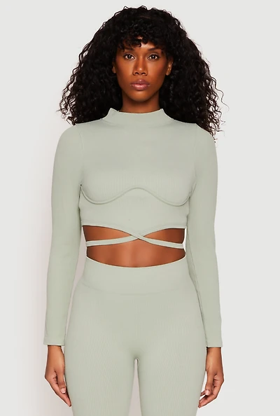 Womens Seamless Long Sleeve Tie Back Crop Top, Green, Size M-L