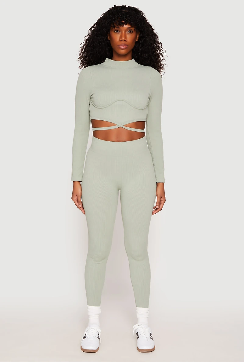 Womens Seamless Long Sleeve Tie Back Crop Top, Green, Size M-L